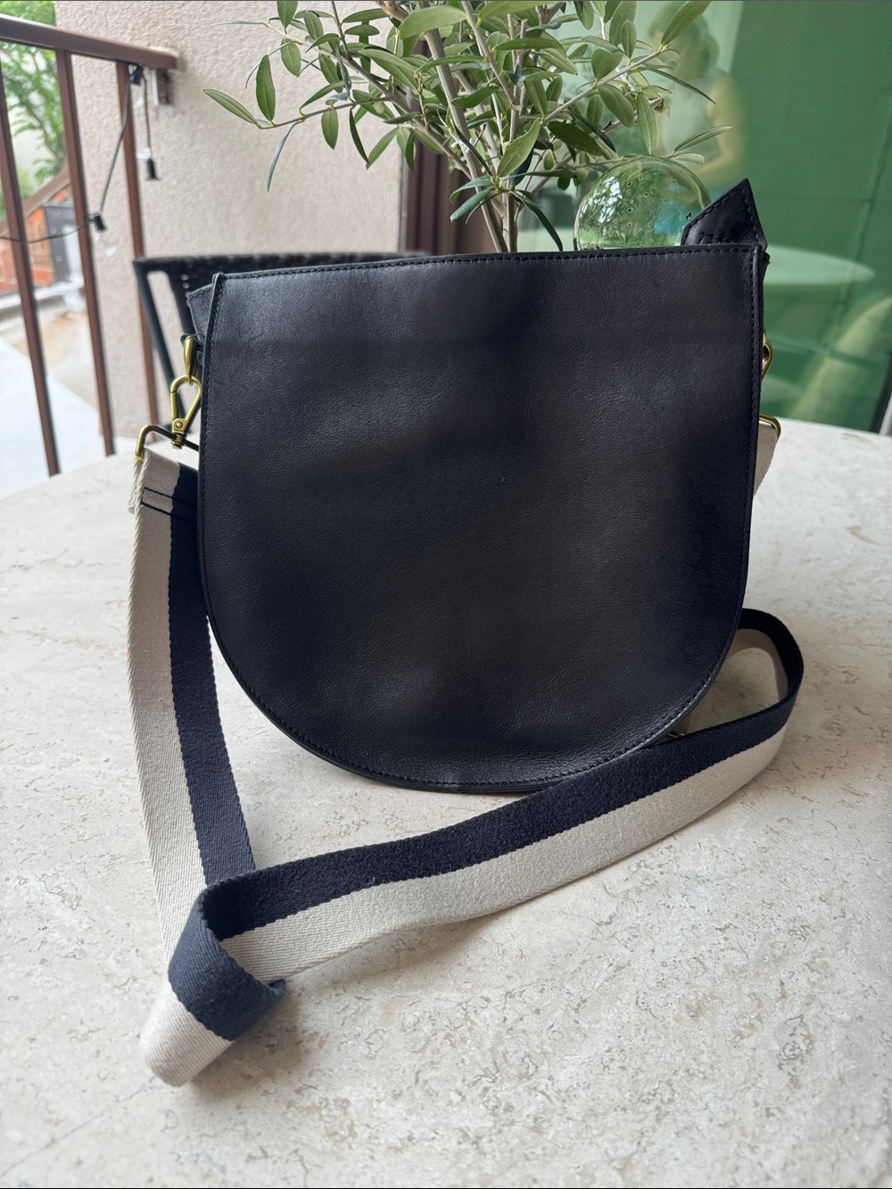 Madewell Black Crossbody Saddle Bag with Striped Strap